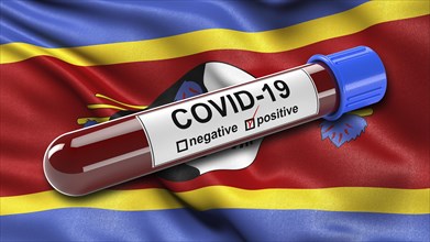 Flag of Swaziland waving in the wind with a positive Covid-19 blood test tube