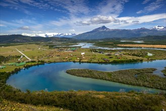 View of the Torres del Paine National Park and the Rio Serrano River to the settlement of Villa Rio Serrano