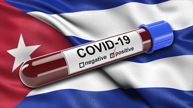 Flag of Cuba waving in the wind with a positive Covid-19 blood test tube
