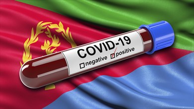 Flag of Eritrea waving in the wind with a positive Covid-19 blood test tube