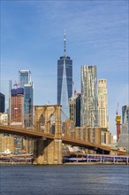 View from Main Street Park over the East River to the skyline of Lower Manhattan with Brooklyn Bridge