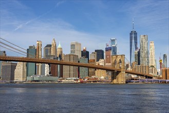 View from Main Street Park over the East River to the skyline of Lower Manhattan with Brooklyn Bridge