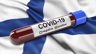 Flag of Finland waving in the wind with a positive Covid-19 blood test tube