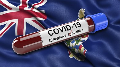Waving flag of the Cayman Islands with a positive Covid-19 blood test tube