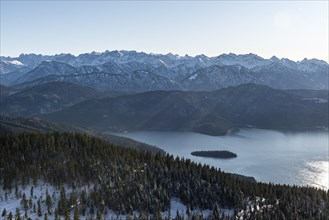 View from Jochberg to Walchensee in winter with snow
