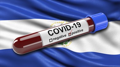 Flag of El Salvador waving in the wind with a positive Covid-19 blood test tube