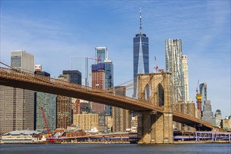 View from Main Street Park over the East River to the skyline of Lower Manhattan with Brooklyn Bridge