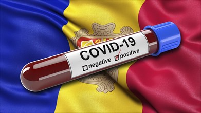 Waving flag of Andorra with a positive Covid-19 blood tube