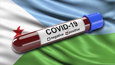 Flag of Djibouti waving in the wind with a positive Covid-19 blood test tube
