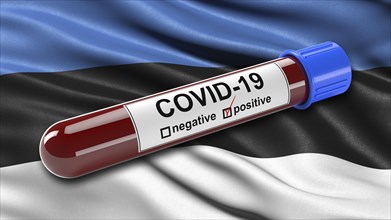 Estonian flag waving in the wind with a positive Covid 19 blood test tube