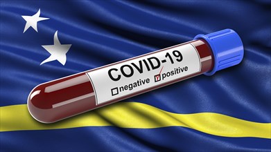 Flag of Curacao waving in the wind with a positive Covid-19 blood test tube