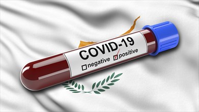 Flag of the Republic of Cyprus waving in the wind with a positive Covid-19 blood test tube