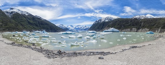 Glacial lake with small icebergs floating