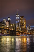 View from Main Street Park at night over the East River to the skyline of lower Manhattan