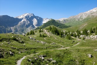 Alpine landscape with hiking trail at Col de Vars