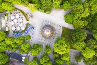 Chinese tower with beer garden from above
