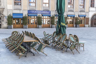 Deserted square with outdoor gastronomy