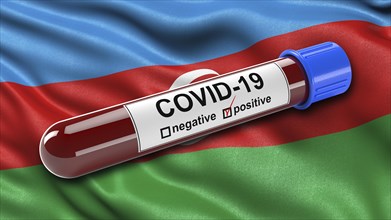 Flag of Azerbaijan waving in the wind with a positive Covid-19 blood tube