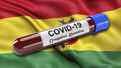 Flag of Bolivia waving in the wind with a positive Covid-19 blood tube
