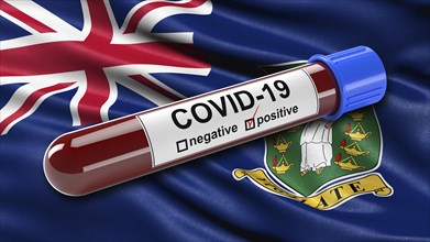Flag of British Virgin Islands waving in the wind with a positive Covid-19 blood tube