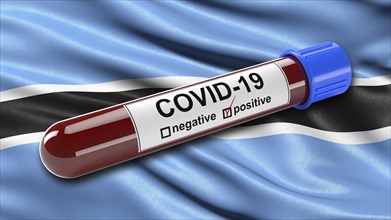 Flag of Botswana waving in the wind with a positive Covid-19 blood tube