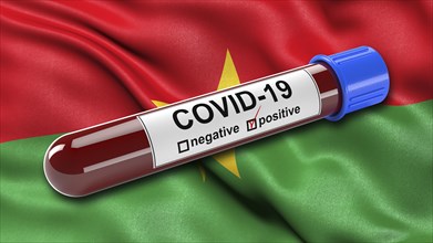 Flag of Burkina Faso waving in the wind with a positive Covid-19 blood tube
