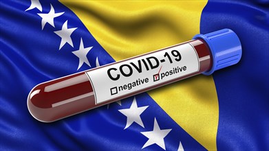 Flag of Bosnia-Herzegovina waving in the wind with a positive Covid-19 blood tube