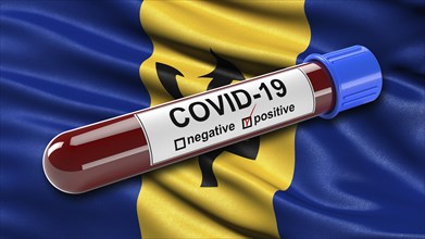 Flag of Barbados waving in the wind with a positive Covid-19 blood tube