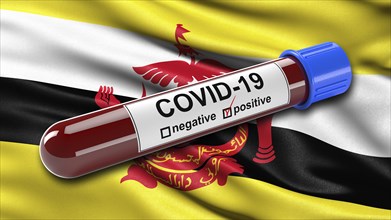 Flag of Brunei waving in the wind with a positive Covid-19 blood tube