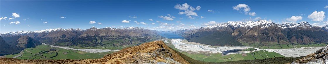 View from the summit of Mount Alfred on Lake Wakatipu and mountain landscape