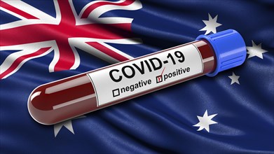 Flag of Australia waving in the wind with a positive Covid-19 blood tube