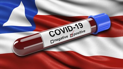 Flag of Bahia waving in the wind with a positive Covid-19 blood tube