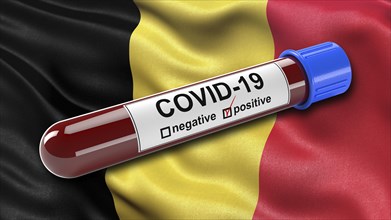 Flag of Belgium waving in the wind with a positive Covid-19 blood tube