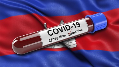 Flag of Cambodia waving in the wind with a positive Covid-19 blood tube
