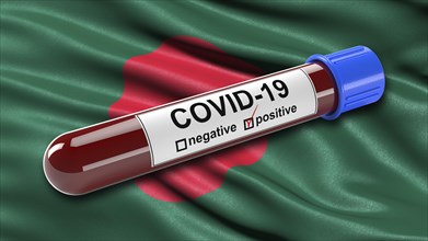 Flag of Bangladesh waving in the wind with a positive Covid-19 blood tube