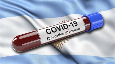 Flag of Argentina waving in the wind with a positive Covid-19 blood tube