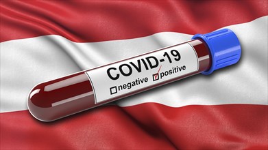 Flag of Austria waving in the wind with a positive Covid-19 blood tube