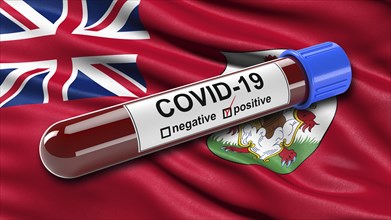 Flag of Bermudas waving in the wind with a positive Covid-19 blood tube
