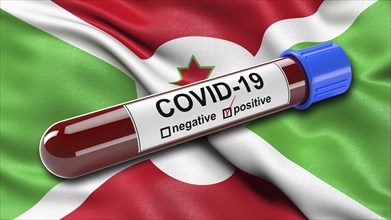Flag of Burundi waving in the wind with a positive Covid-19 blood tube