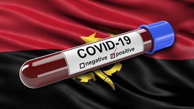 Flag of Angola waving in the wind with a positive Covid-19 blood tube