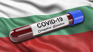 Flag of Bulgaria waving in the wind with a positive Covid-19 blood tube