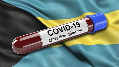 Flag of Bahamas waving in the wind with a positive Covid-19 blood tube