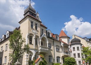 German Renaissance buildings with corner tower and wooden balconies