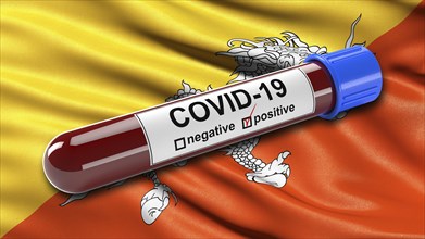 Flag of Bhutan waving in the wind with a positive Covid-19 blood tube