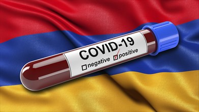 Flag of Armenia waving in the wind with a positive Covid-19 blood tube