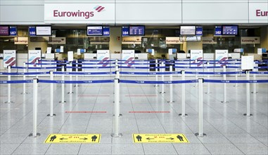 Empty Eurowings check-in counter at Duesseldorf Airport in times of the Corona Pandemic