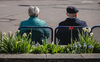 Senior citizens sitting on a park bench