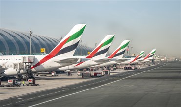 Aircraft tail units of several Airbus A380 of the airline Emirates