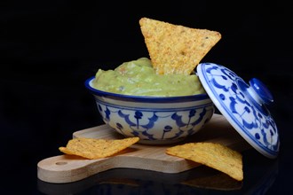 Bowl with guacamole and tortilla chips