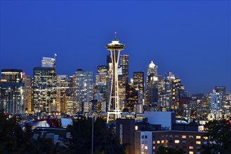Night shot Skyline Financial District Seattle with Space Needle